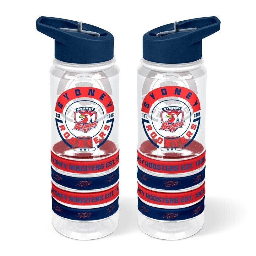 NRL Clear Tritan Drink Bottle 650ml - Sydney Roosters - 4 Wrist Bands