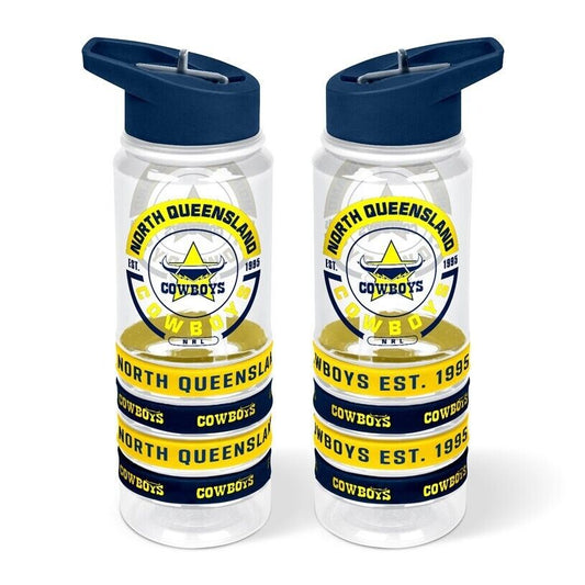 NRL Clear Tritan Drink Bottle 650ml - North Queensland Cowboys - 4 Wrist Bands