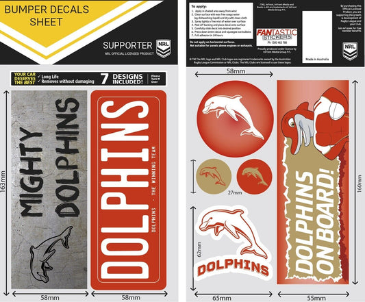 NRL Bumper Decal Sheet Set - Dolphins - Team Logo Sticker - 170mm