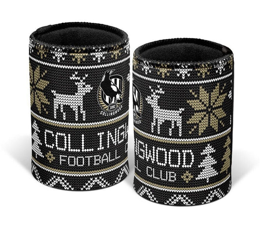 AFL Christmas Stubby Cooler - Collingwood Magpies - Rubber Base - XMAS