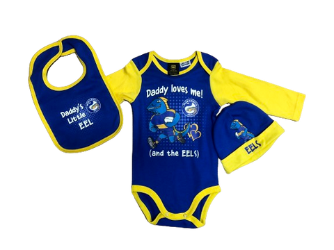 NRL 3 Pack 'Daddy Loves Me' Set - Paramatta Eels - Baby Suit Beanie Bib