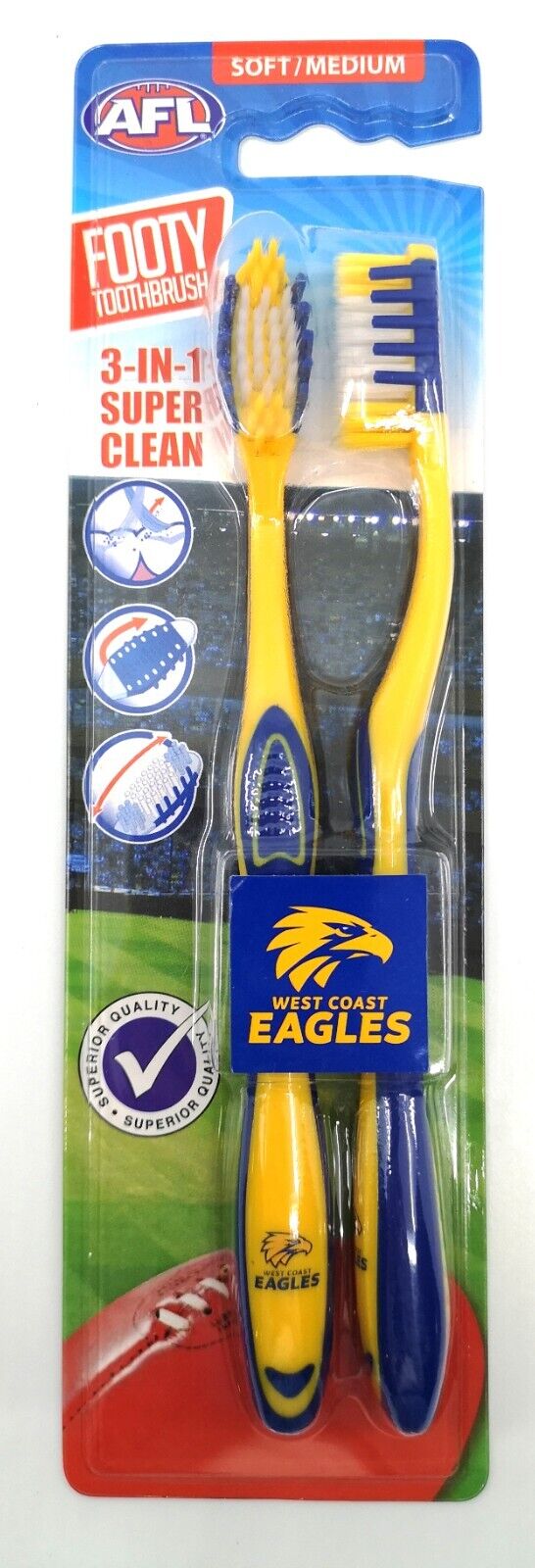 AFL Adult Toothbrush Twin Pack - West Coast Eagles - Set of Two - Soft/Medium