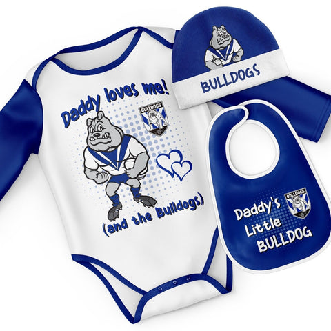 NRL 3 Pack 'Daddy Loves Me' Set - Canterbury Bulldogs - Baby Suit Beanie Bib