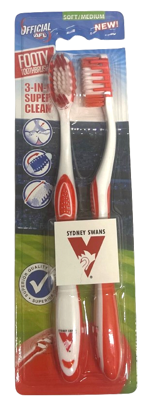 AFL Adult Toothbrush Twin Pack - Sydney Swans - Set of Two - Soft/Medium