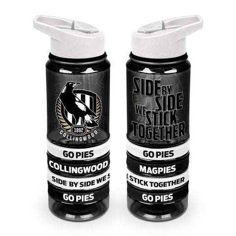 AFL Tritan Drink Water Bottle 650ml - Collingwood Magpies - 4 Wrist Bands -Straw