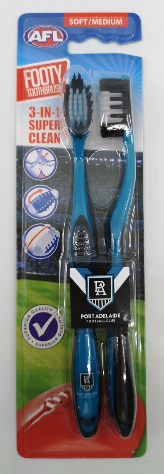 AFL Adult Toothbrush Twin Pack - Port Adelaide Power - Set of Two - Soft/Medium