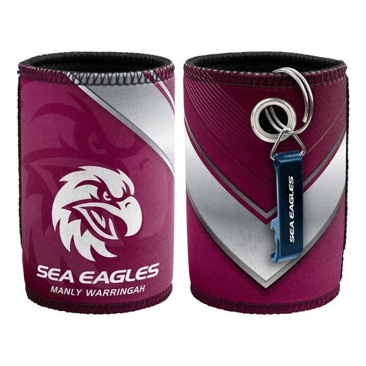 NRL Stubby Can Cooler with Bottle Opener - Manly Sea Eagles - Rubber Base