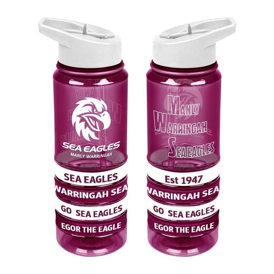 NRL Tritan Drink Water Bottle 650ml - Manly Sea Eagles - 4 Rubber Wrist Bands