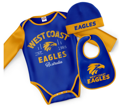 AFL Three Piece 'Rover' Bodysuit Set - West Coast Eagles - Baby Infant