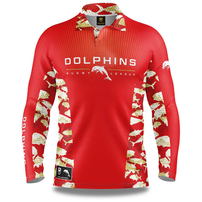 NRL Long Sleeve Reef Runner Fishing Polo Shirt - Dolphins - Adult