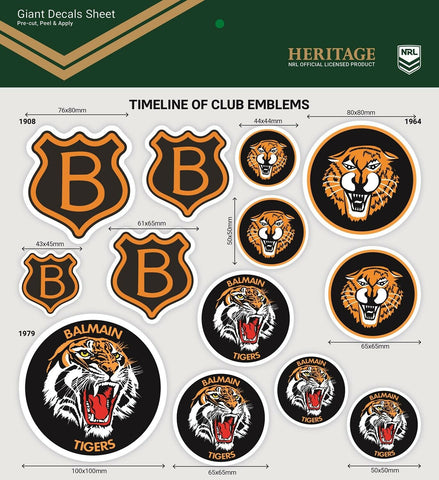 NRL Giant Decal Sheet - Balmain Tigers - Timeline Of Club Logos - Stickers