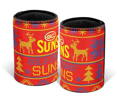 AFL Christmas Stubby Cooler - Gold Coast Suns - Rubber Base - XMAS