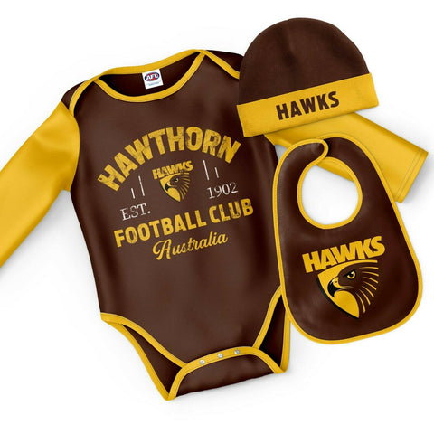 AFL Three Piece 'Rover' Bodysuit Set - Hawthorn Hawks - Beanie Bib - Baby