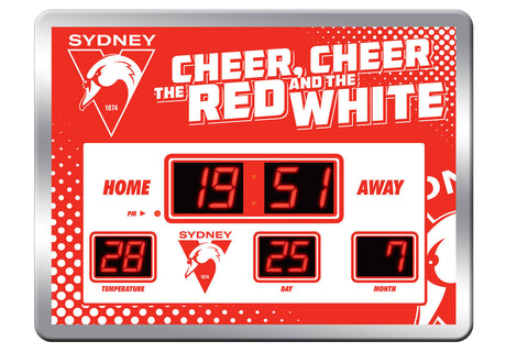 AFL LED Scoreboard Clock - Sydney Swans - 45x33cm - Time Temp Date