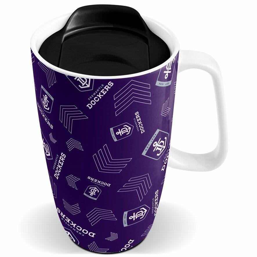 AFL Ceramic Travel Coffee Mug - Fremantle Dockers - Drink Cup With Lid