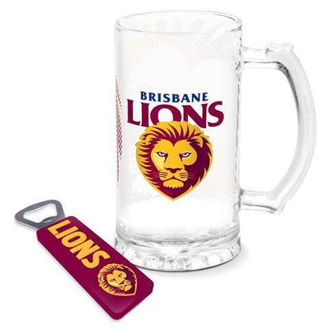 AFL Stein And Opener Set - Brisbane Lions - Drink Cup Mug - Retail Boxed