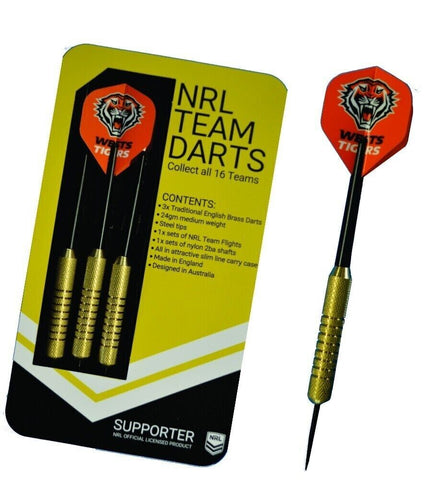 NRL West Tigers Darts - Set Of 3 With Carry Case - 24 Gram Dart Brass - NEW LOGO