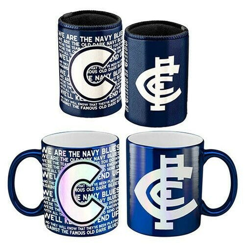 AFL Metallic Coffee Cup And Can Cooler Set - Carlton Blues - Mug Stubby
