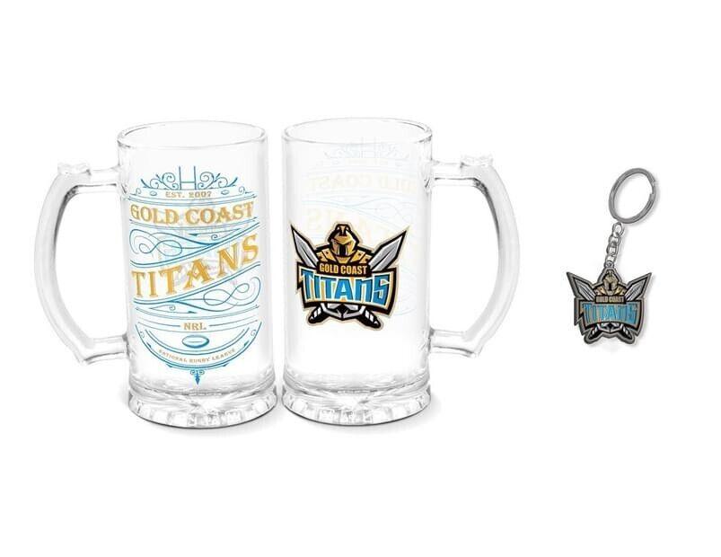 NRL Stein And Enamel Keyring Set - Gold Coast Titans - Drink Cup Mug