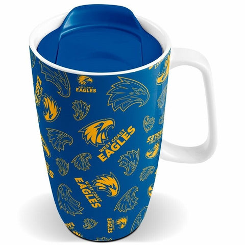 AFL Ceramic Travel Coffee Mug - West Coast Eagles - Drink Cup With Lid